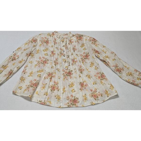 La Vie Rebecca Taylor Ivory Metallic Floral Madeleine Blouse XS Dainty Ruffle - Picture 4 of 12